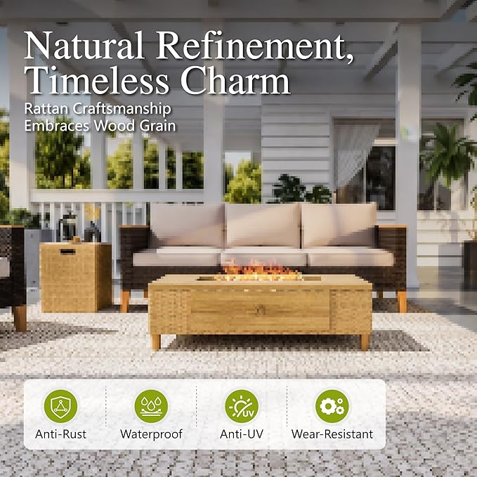 Sophia &amp William 42 Inch Outdoor Propane Gas Fire Pit Table Patio Rattan Rectangular Fire Table with Tank Cover Table 50000 BTU Firepit Table for Outside Patio with Fire Glass Lid