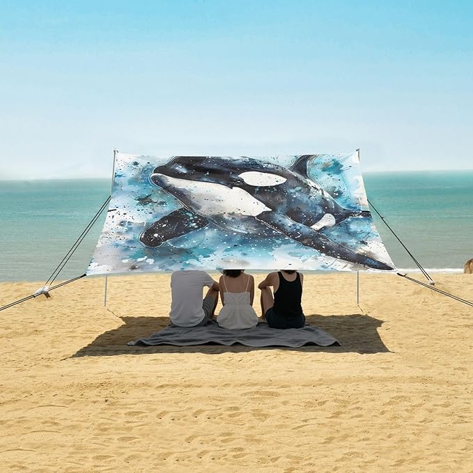 ALAZA Killer Whale Watercolour Beach Tent Sun Shelter UPF50+ Protection Beach Shade Canopy w/ 4 Sandbags for Outdoor Camping Fishing Backyard Fun Picnic 10x9 ft