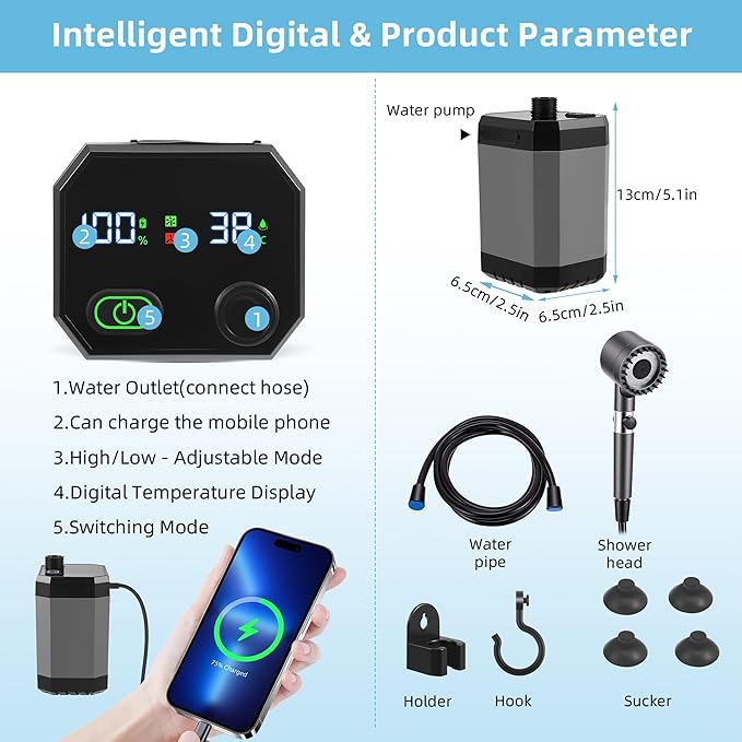 AMTPM Portable Outdoor Shower 6000mAh Camping Shower with Digital Display 3 Modes Emergency Power Bank for Camping Hiking Pet Bathing Car Washing