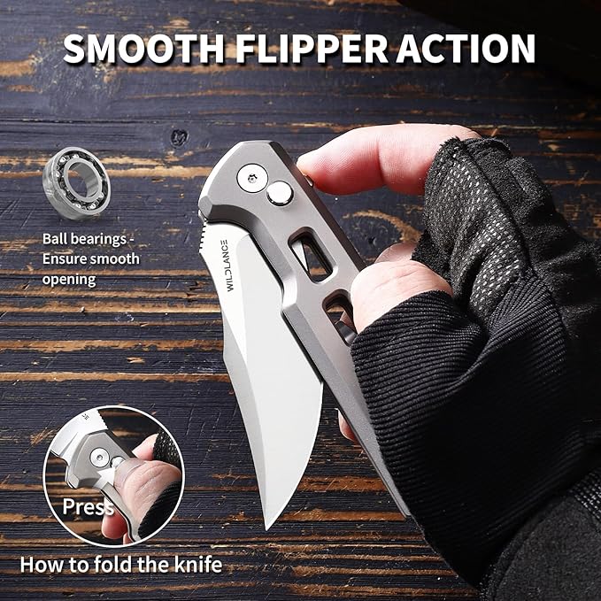 Small EDC Pocket Knife for Men &amp Women - 3 Trailing Point D2 Blade Titanium Handle with Button Lock &amp Pocket Clip | Small Slim Cool Folding Knife for Daily Carry Camping Hiking &amp Outdoo