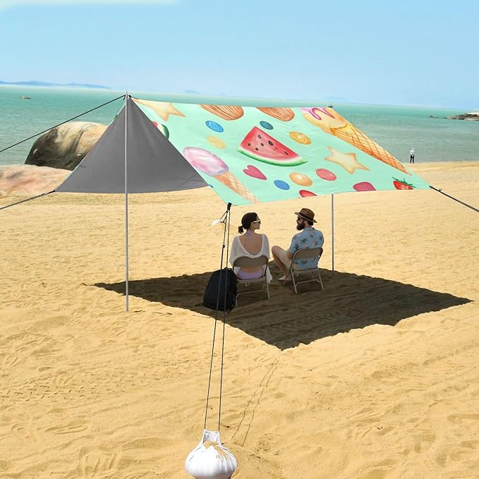 Beach Canopy with Windproof Ropes &amp Sandbags Beach Tent Sun Shade Sun Shelter for Camping Trips Fishing Backyard Fun or Picnics Dessert