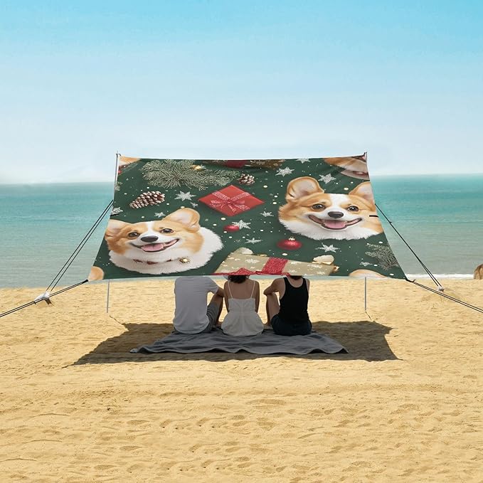 ALAZA Christmas Corgis Pattern Beach Tent Sun Shelter Portable Canopy Sunshade for Outdoor Camping Picnics Backyard Fun 10x9 ft