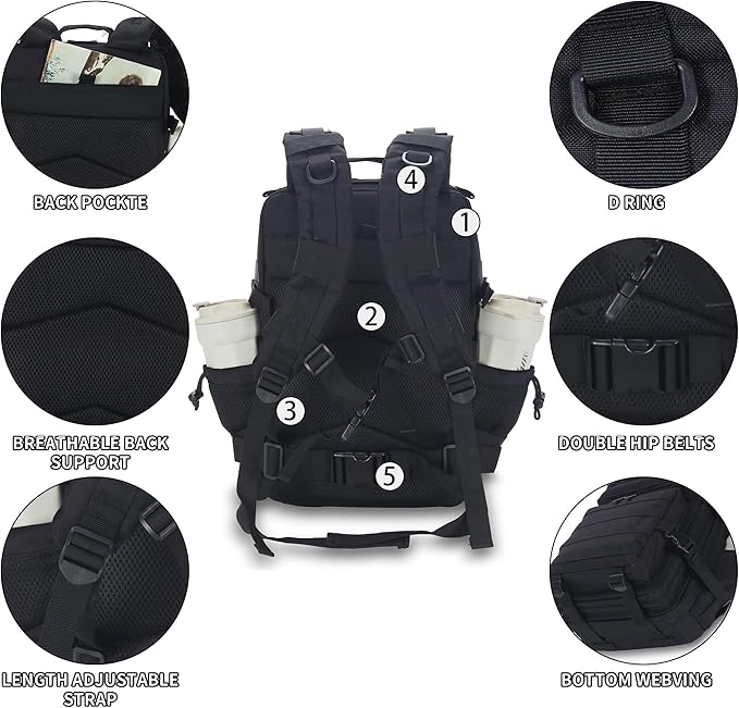 25L/45L Tactical Backpack Military Tactical Backpack Heavy Duty Molle Assault Pack for Work Gym Outdoors (1.0 25L-Black Small)