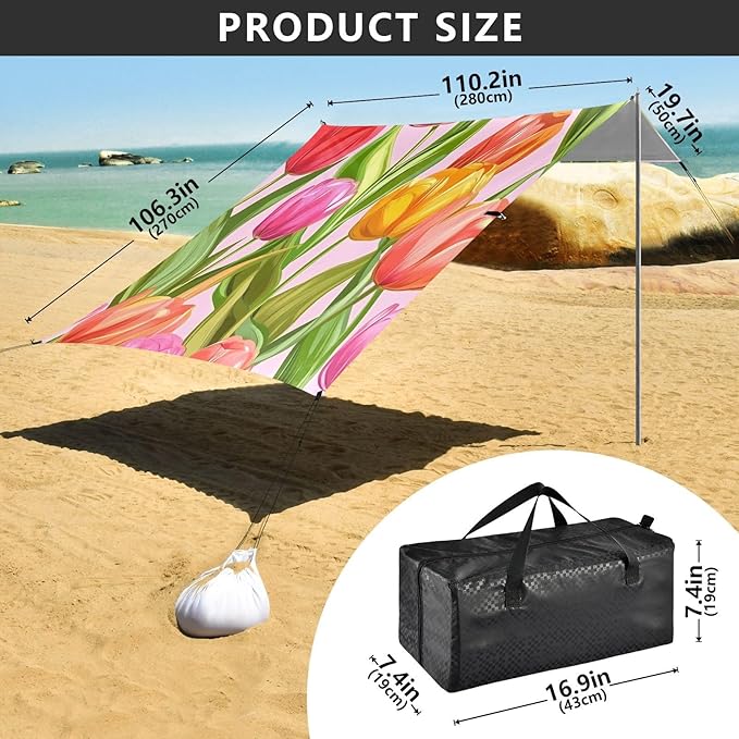 ALAZA Tulips Spring Blooming Beach Tent Sun Shelter Portable Canopy Sunshade for Outdoor Camping Picnics Backyard Fun 10x9 ft