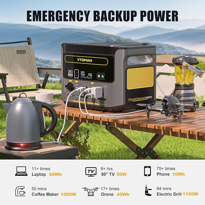 VTOMAN FlashSpeed 1000 Portable Power Station with Jumper Cables 828Wh LiFePO4 Solar Generator &amp Car Jump Starter 1H Fast Charging 2000W Peak for Home Backup Camping Roadside Emergencies