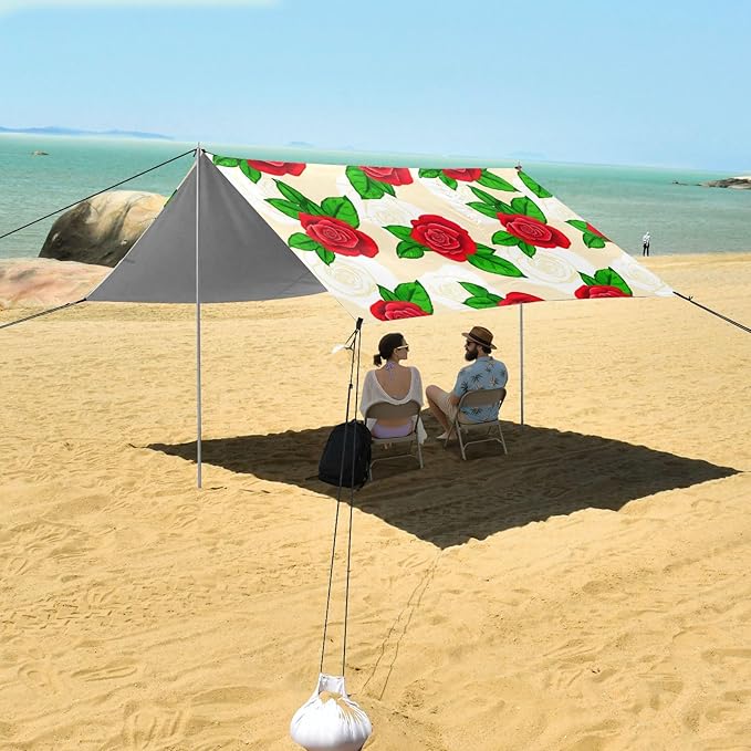 Beach Canopy with Windproof Ropes &amp Sandbags Beach Tent Sun Shade Sun Shelter for Camping Trips Fishing Backyard Fun or Picnics Rose