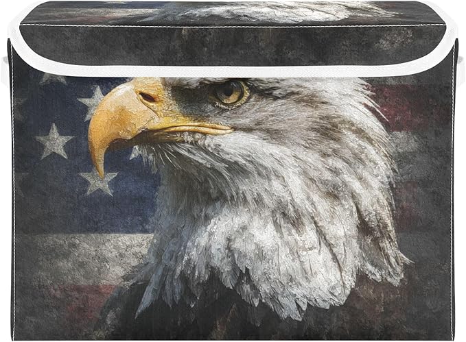 Usa Flag Eagles 4th July Storage Box with Lid 1 PC Foldable Storage Bin with Lids Stackable Storage Bins Cube Closet Organizer Basket with Flip-Top Lid &amp Handles for Shoes Books Towels