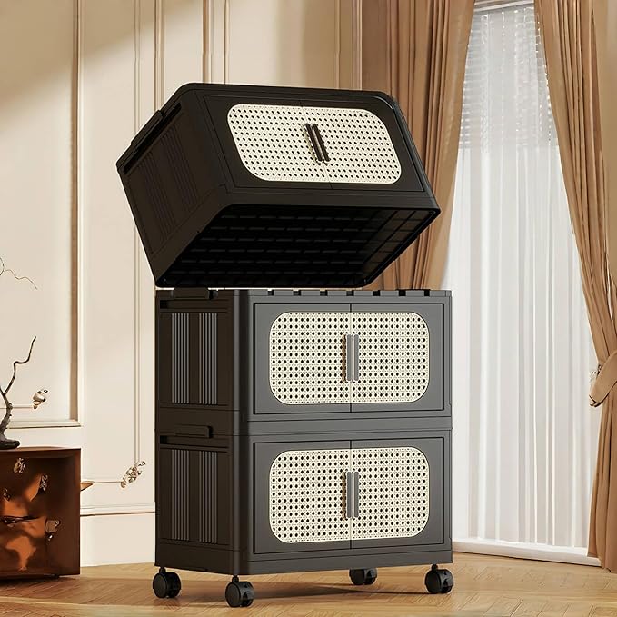 5 Tiers Folding Storage Cabinet20 Side Wide Stackable Storage Bins with Doors and Wheels Space Saving Plastic Cabinet for Living Room Office Dorm Retro Black