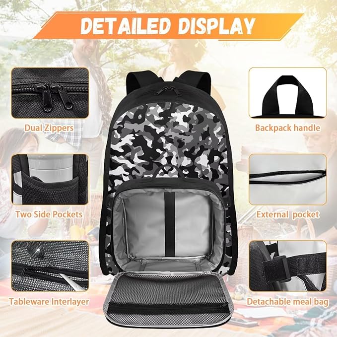 Grey Camo Backpack for Men Large Capacity Bookbag with Lunch Box for Outdoor Lightweight School Bag with Front Zipper Pocket for Travel Office