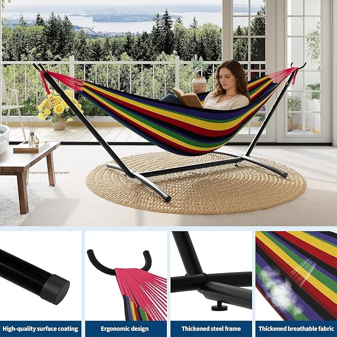 TrailBlaze Double Hammock with Stand Heavy Duty Portable Steel Hammock Set for Outdoor and Indoor Use 500lb Capacity Includes Carrying Bag Space Saving DesignQuick Assembly
