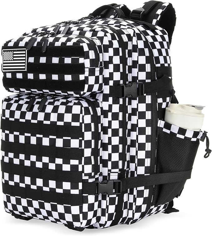 Lovelinks21 25L Tactical Military Backpack Small Travel Rucksack for Men and Women Assault Pack Bug Out Bag Molle Daypack Gym Backpack with Bottle Holder (Black White Checkered)