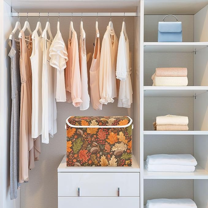 Storage Bins with Lids Storage Containers Box Organizer Bin Basket with Handles for Closet Shelves Clothes Stackable Foldable Decorative Brown Maple Leaves Acorns Berries Branches
