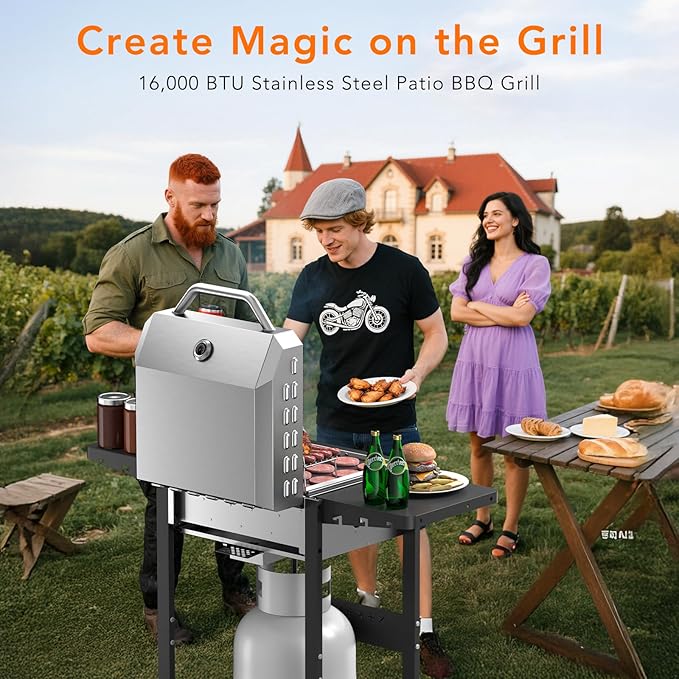 Electactic Propane Gas BBQ Grill 2-Burner Barbecue Grills with Cast Iron Frying Pan and Grates Combo 16000 BTU Output Stainless Steel Grill for Outdoor Cooking Patio Backyard Party