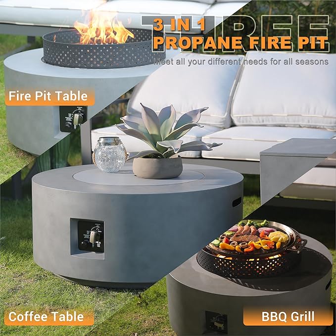 32 Inch Fire Pit Table 3-Piece Outdoor Propane Fire Pit Table 65000 BTU Round Gas Firepit Wind Guard 16 inches Tank Side Table and Baking Sheet for Garden Patio Grey