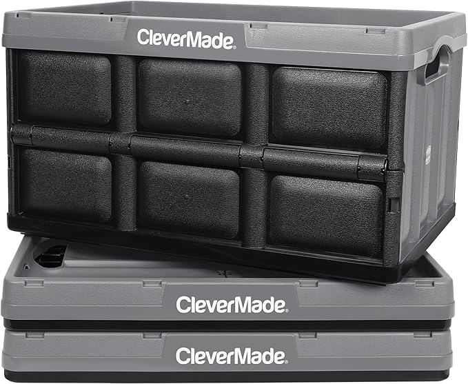 CleverMade Collapsible Storage Bins 46L (3-Pack) – Heavy Duty Collapsible Plastic Storage Bins Stackable Folding Storage Bins for Car Garage Home Organization - Foldable Bins Stone