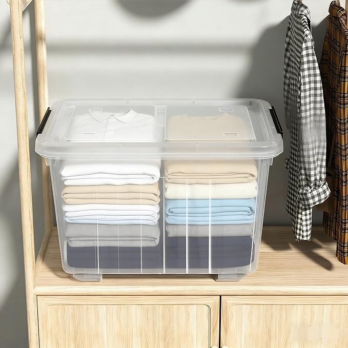 30 L Stackable Storage Bins with Lids Clear Plastic Storage Containers Stackable Organization Boxes with Secure Latching Lids/Wheels Set of 4