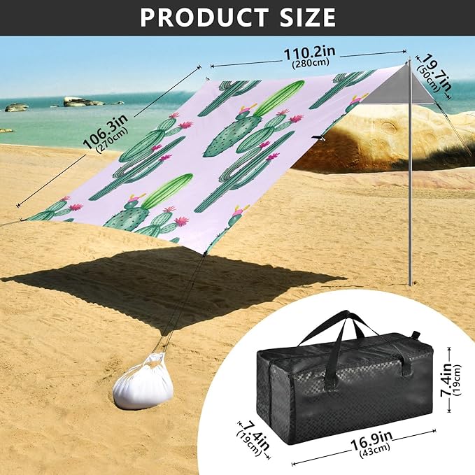 Beach Canopy with Windproof Ropes &amp Sandbags Beach Tent Sun Shade Sun Shelter for Camping Trips Fishing Backyard Fun or Picnics Cactus