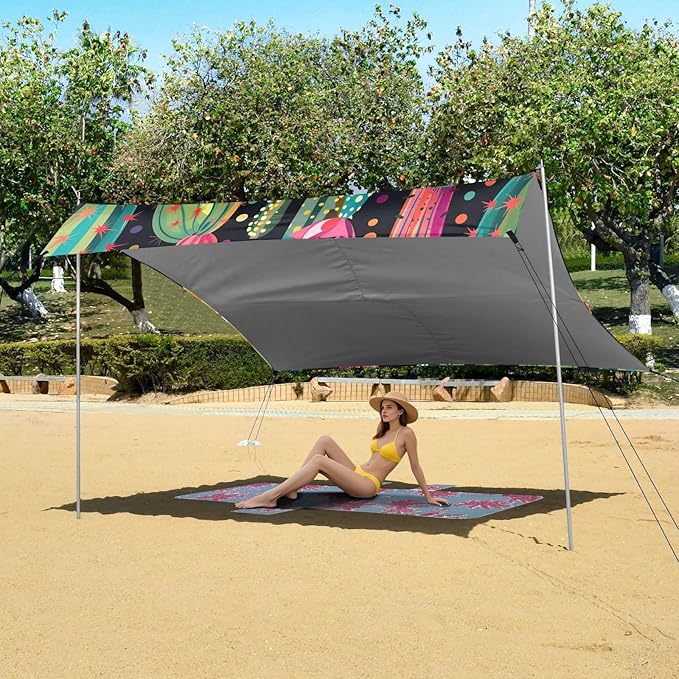 ALAZA Cactus Polka Dots Rainbow Cacti Beach Tent Sun Shelter UPF50+ Protection Beach Shade Canopy w/ 4 Sandbags for Outdoor Camping Fishing Backyard Fun Picnic 10x9 ft