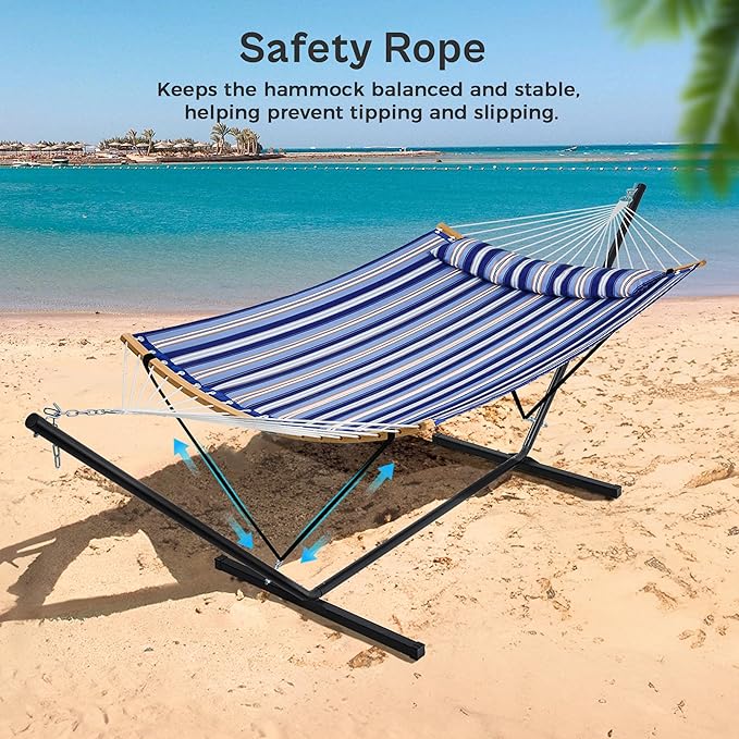 SUPERJARE Hammock with Stand 2 Person Heavy Duty Hammock with Padded Cotton Detachable Pillow &amp Strong Curved-Bar &amp Portable Carrying Bag Perfect for Outdoor &amp Indoor Navy Blue Stripe