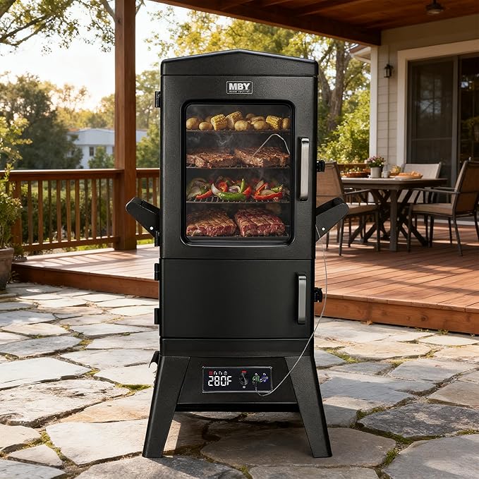 Vertical Electric Smoker with Cover &amp Meat Probe BBQ Smokers with 4 Cooking Grates 633 Sq.in Cooking Space LED Temperature Control for Outdoor CookingSmoke RibsBrisketChicken