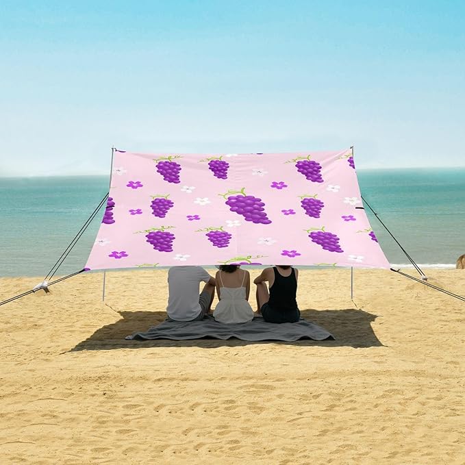 Beach Canopy with Windproof Ropes &amp Sandbags Beach Tent Sun Shade Sun Shelter for Camping Trips Fishing Backyard Fun or Picnics Grape