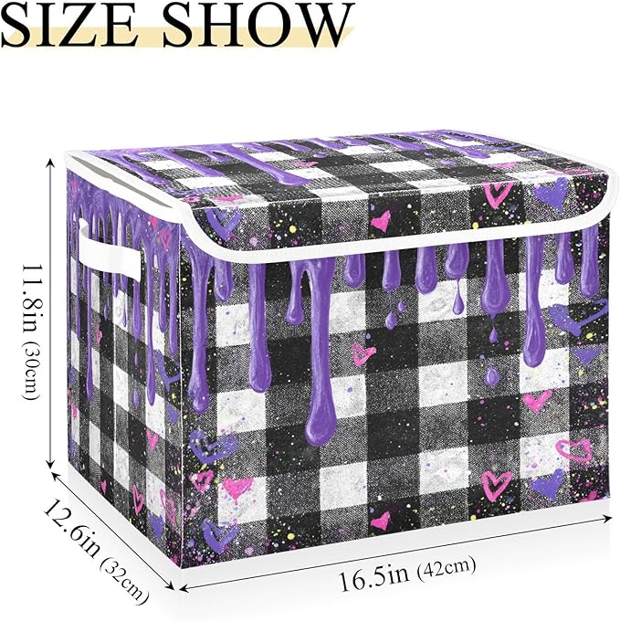 Storage Bins With Lid Stackable Fabric Closet Organizer Clothing Storage Large Boxes For Closet Shelves Bedroom Ice Cream Melting Checkered Hearts