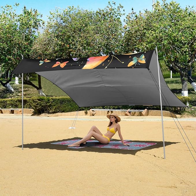 ALAZA Rainbow Butterfly Beach Tent Sun Shelter UPF50+ Protection Beach Shade Canopy w/ 4 Sandbags for Outdoor Camping Fishing Backyard Fun Picnic 10x9 ft