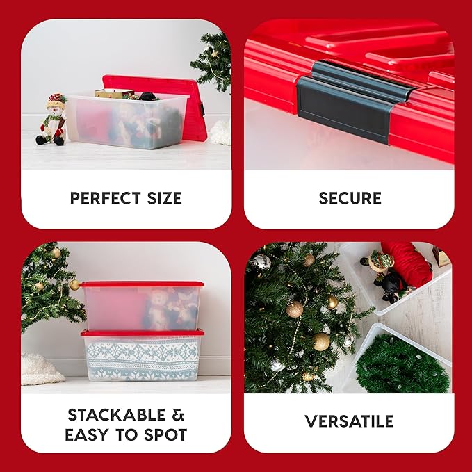 IRIS USA 91 Qt. Stackable Plastic Storage Bins with Lids 4 Pack - BPA-Free See-Through Organizing Solution Latches Durable Nestable Containers Secure Pull Handle Made in USA - Red