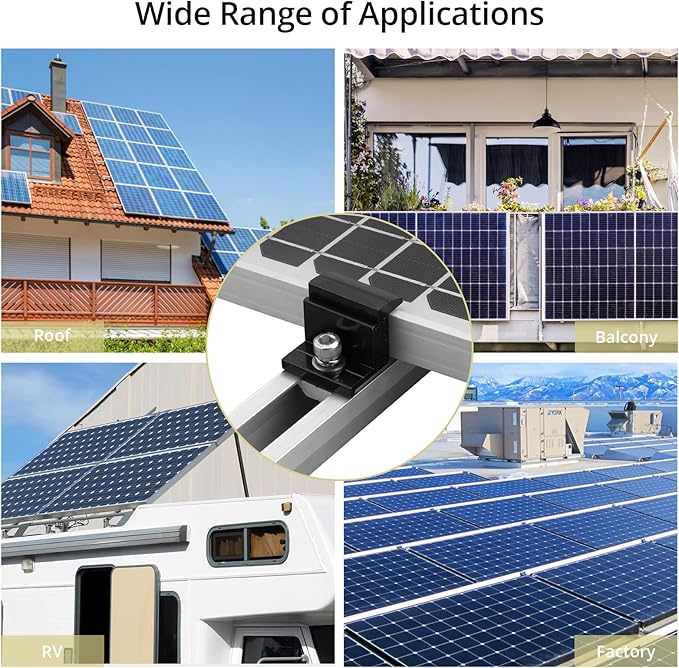 Anbte 10pcs Solar Panel Mounting Brackets 30-50mm Adjustable Aluminum Solar Panel End Clamp Include 10*Screw M8 and 1*Wrench Solar Mount Kit for Metal Roof Tin Roof Flat Roof Sheet Roof Black