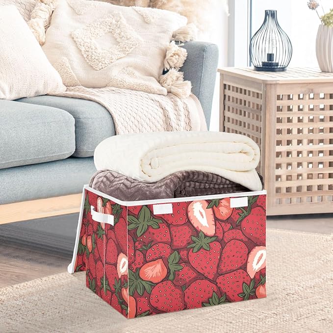 Storage Bins with Lids Storage Containers Box Organizer Bin Basket with Handles for Closet Shelves Clothes Stackable Foldable Decorative Cartoon Red Strawberry