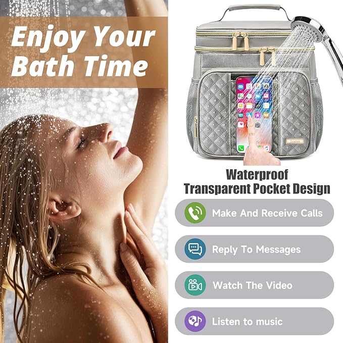 Large Leather Toiletry Bag for Women MenBathroom BagWater Resistant Shower BagMakeup BagPortable Shower Caddy for College DormHanging Travel Toiletry Bag with Transparent Waterproof Phone Pocket