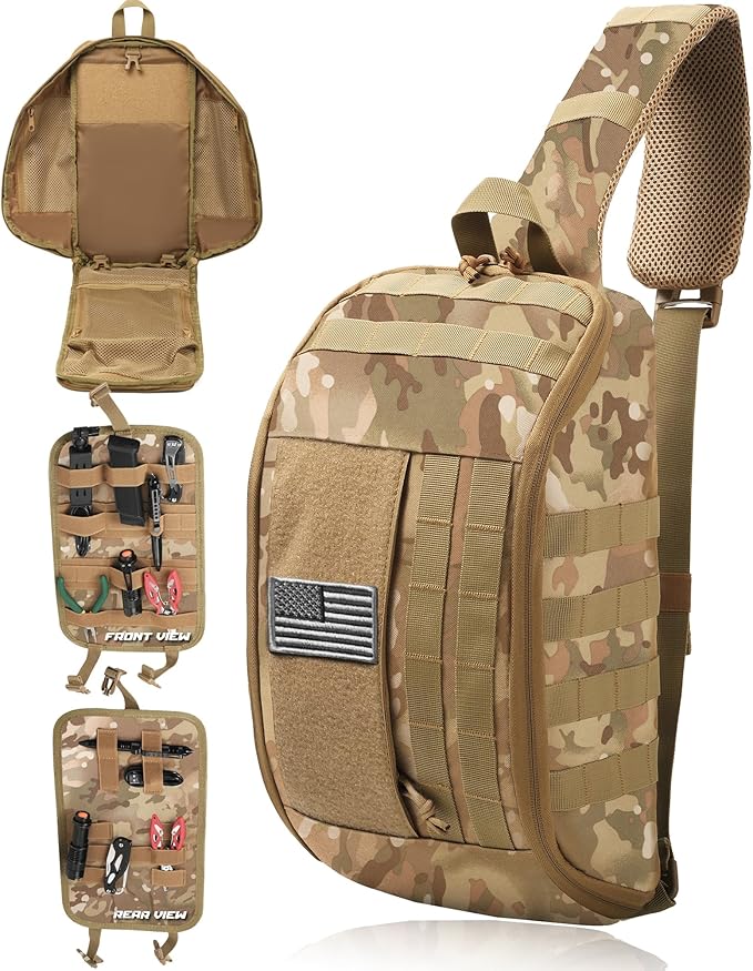 DBTAC Compact 9L Tactical Sling Bag with Removable Elastic Organizer Panel Everyday Carry Shoulder Pack for EDC Tools First Aid Travel Outdoor Sports (Camo)