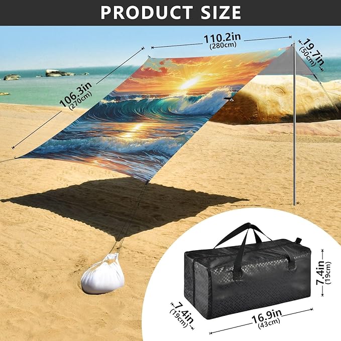 ALAZA Sunset Seawave Beach Beach Tent Sun Shelter UPF50+ Protection Beach Shade Canopy w/ 4 Sandbags for Outdoor Camping Fishing Backyard Fun Picnic 10x9 ft