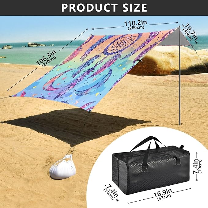 ALAZA Rainbow Dreamcatcher Moon Beach Tent Sun Shelter UPF50+ Protection Beach Shade Canopy w/ 4 Sandbags for Outdoor Camping Fishing Backyard Fun Picnic 10x9 ft
