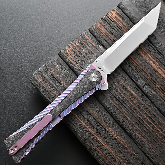 Sitivien ST994 Folding Knife Handmade M390 Brushed Steel Blade Titanium Carbon Fiber Handle with Ball Bearing for Outdoor Camping Hiking Survival (Pink)