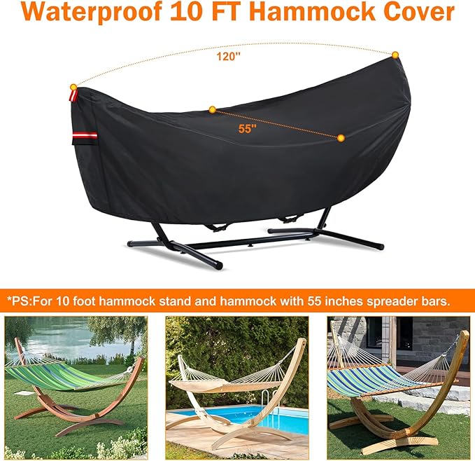Waterproof 10 FT Hammock Cover 210T Sun Rain UV Dust Snow Protection Outdoor Hammock Covers with Windproof Straps &amp Soft Cotton Lining for 10ft Stand