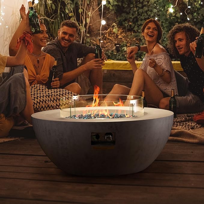VEVOR Propane Fire Pit Outdoor Concrete Gas Fire Pit 39 in Tabletop with Lava Rocks LidRain CoverAdjust Flame Height Camping Firepit for Heating Lighting 50000 BTU