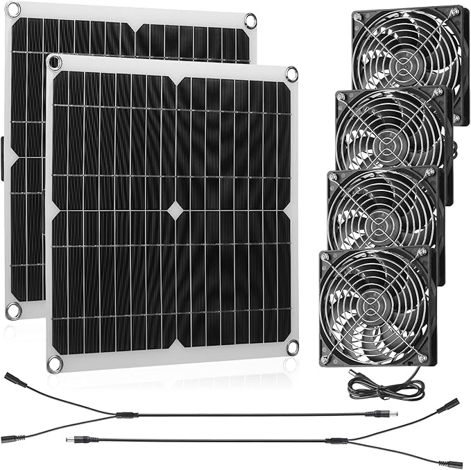 Riakrum 20W 16V Solar Panel Exhaust Fan Kit USB Portable Solar Powered Fan Summer Outdoor Waterproof Ventilator Fan for Chicken Coops Greenhouses Camping Exhaust (2 Sets)