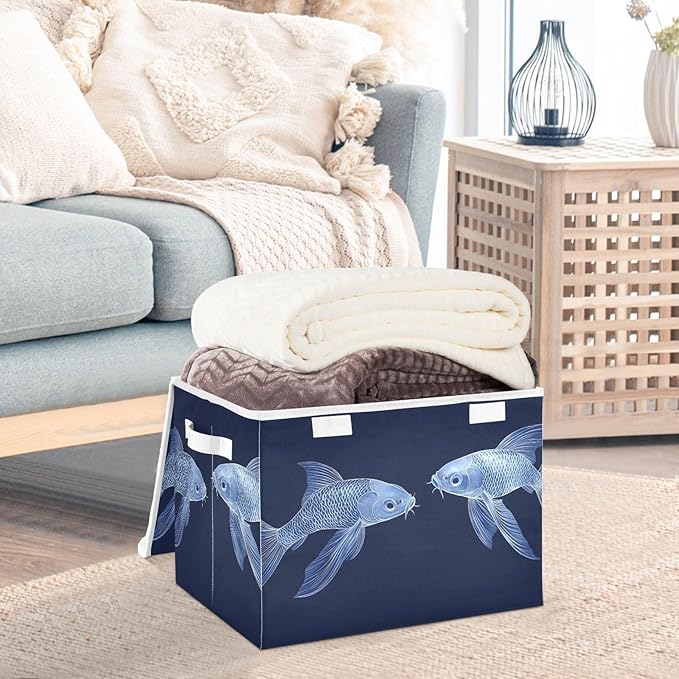 AIXIWAWA Lidded Storage Cube (Fishes Blue) Fabric Foldable Closet Bins with Flip Lid and Handles Organizer Basket Container 16.5 x 12.6 x 11.8 IN
