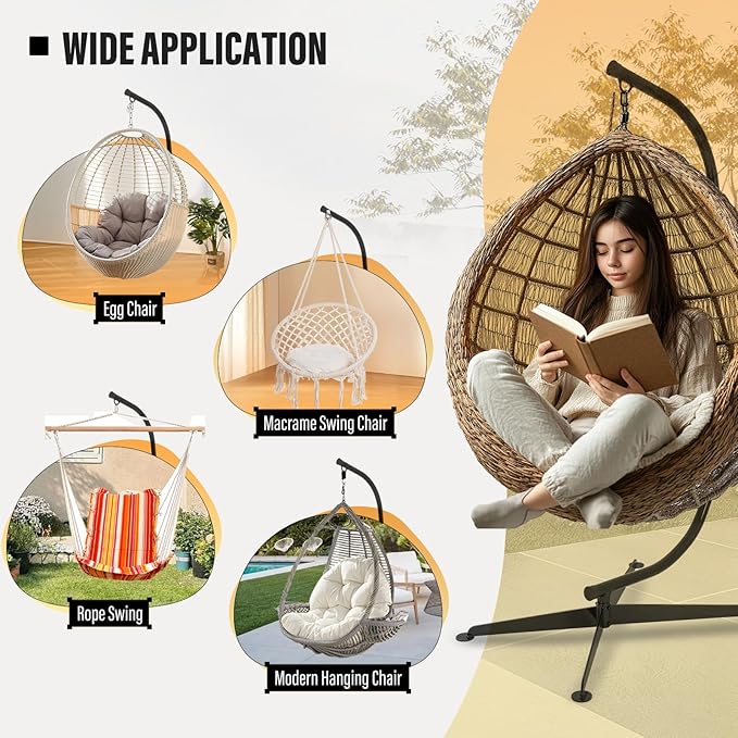 ECOTRIC Hanging Hammock Chair Stand Swing Chair Stand for Indoor/Outdoor C-Type Porch Swing Hanging Chair 330LBS Capacity Heavy Duty Steel Black (Stand Only)