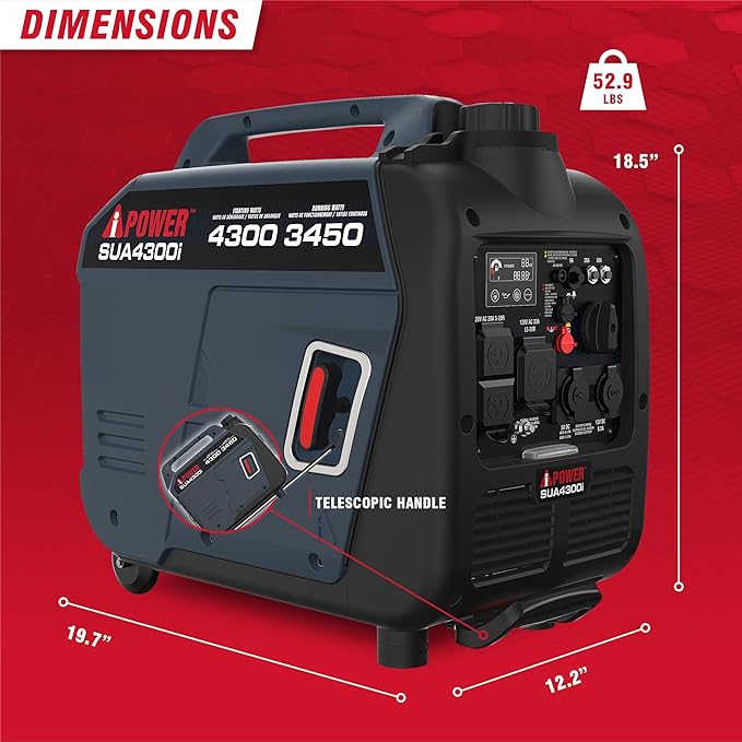 A-iPower Portable Inverter Generator Gas 4300W RV Ready EPA &amp CARB Compliant CO Sensor Portable Light Weight With Telescopic Handle For Backup Home Use Tailgating &amp Camping (SUA4300i)