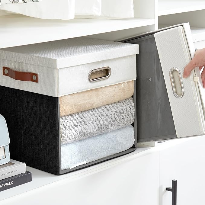 Fabric Storage Cubes with Clear Windows and Lids 13'' Foldable Storage Bins with 3 Handles Decorative Storage Boxes for Home Bedroom Closet Office (Balck &amp White)