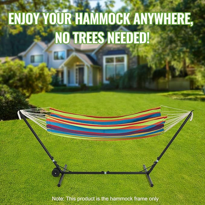 Backyard Expressions Adjustable One Size Fits All Hammock Stand with Wheels – 9FT Steel Heavy Duty Portable Frame 450 lb Capacity Easy No-Tool Assembly