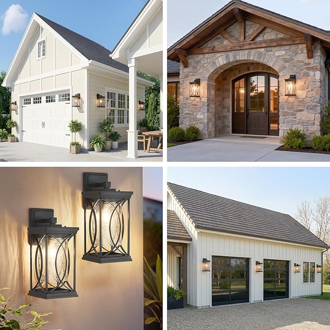 Refice Aluminum 15.2 Outdoor Wall Light IP65 Waterproof Outside Lights for House with Rippled Glass Shade Black Exterior Lighting Fixtures for Patio Garage Front Door Garden &amp Porch 1 Pack