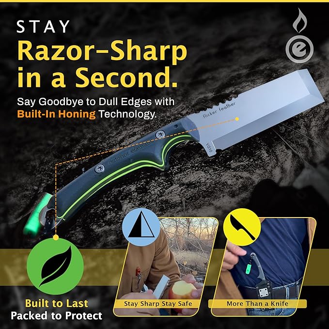OUTDOOR ELEMENT Flicker Feather Knife Wise Owl GLOW - Right-Handed Survival Chisel Blade for Camping Hunting Culinary Knives &amp Bushcraft - Fixed Blade with Sheath Firestarter and Emergency Whis
