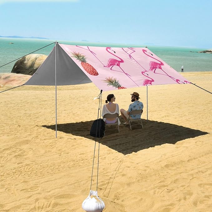 Beach Canopy with Windproof Ropes &amp Sandbags Beach Tent Sun Shade Sun Shelter for Camping Trips Fishing Backyard Fun or Picnics Flamingos