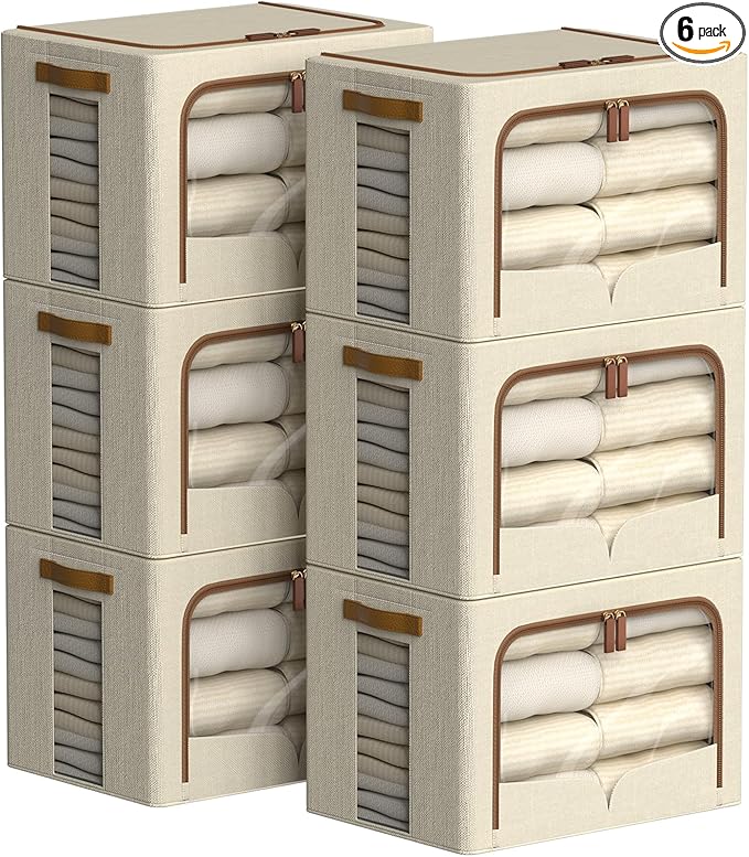 FHSQX 6 Pack Clothes Storage Bins - Foldable Storage Bins for Clothes Fabric Storage Box with Metal Frame (Beige 19.7x15.7x13.8 inch)