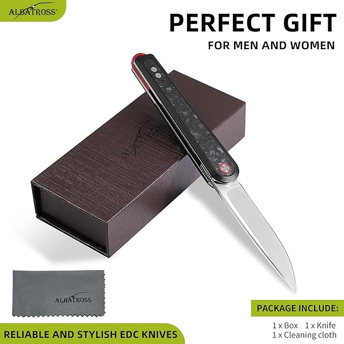 Executive Fathers Day Gift Men's EDC Folding Knife 3.3” Satin D2 Blade Black Aluminum &amp Carbon Fiber CNC Machined Reversible Clip Premium Case