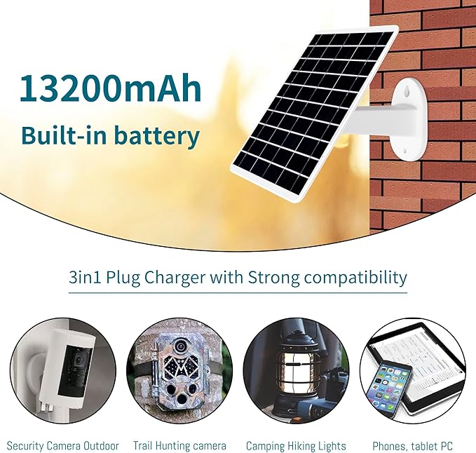 8W Solar Panel Built-in with SANYO 13200mAh Battery for Security Camera Outdoor 3in1 Plug Charger Panel for Trail Hunting Camera Support Emergency Power for Camping Hiking Lights Phones Tablet PC