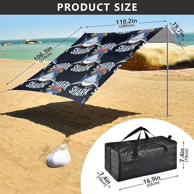 ALAZA Black Bottomed Shark Pattern Beach Tent Sun Shelter Portable Canopy Sunshade for Outdoor Camping Picnics Backyard Fun 10x9 ft